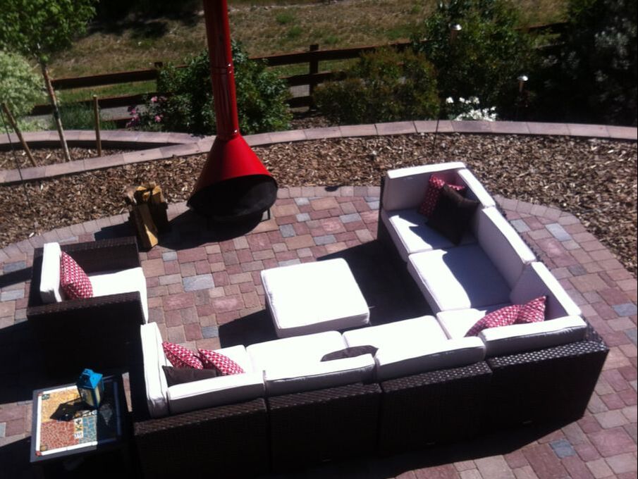 Tall flame heater for patio with red finish in Westminster, CO. 