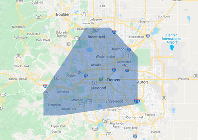 Map of Arterra Landscape Design/Build's service area in the greater Denver metro of Colorado. 