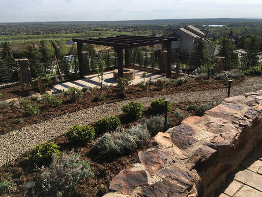 Rustic xeriscape design with gravel walkways, shade creating pergola, and fire pit. 