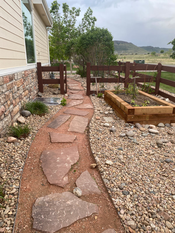 Water wise home gardening with raised garden beds in a Xeriscape for side yard in Arvada, Colorado. 